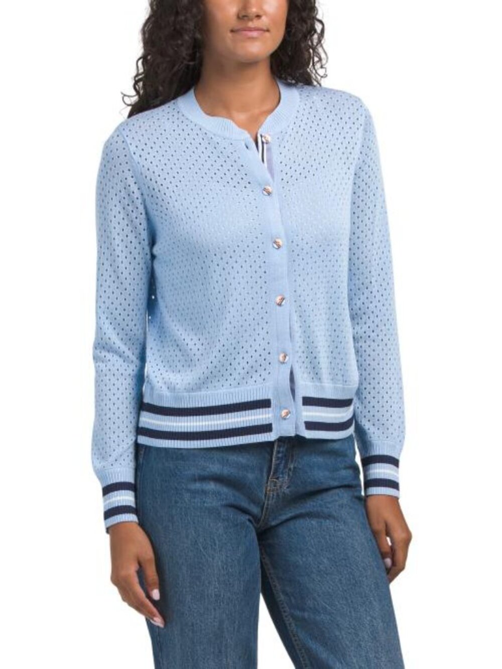 NANCY YANG Eyelet Cardigan With Round Collar